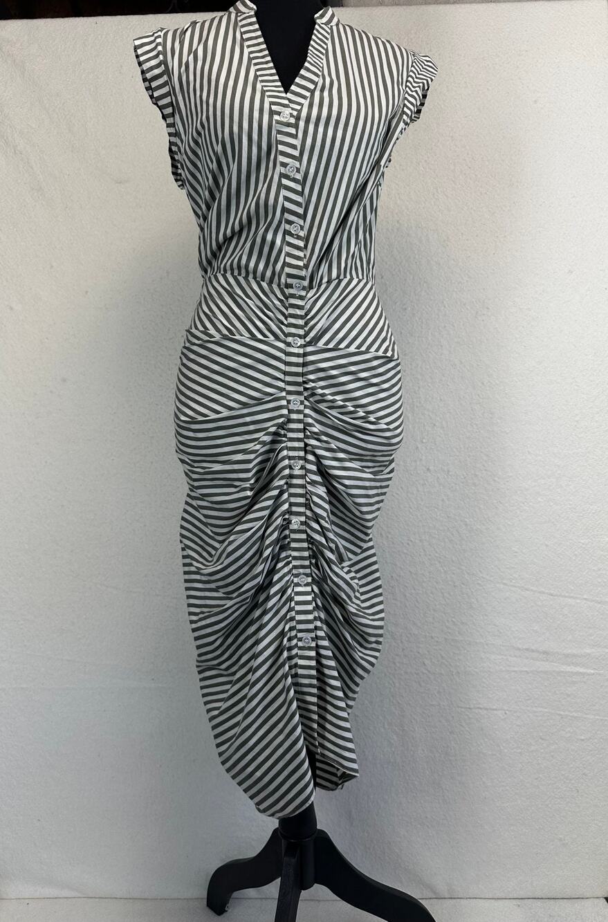 Veronica Beard Striped Asymmetric-Button Midi Dress Green White size 4